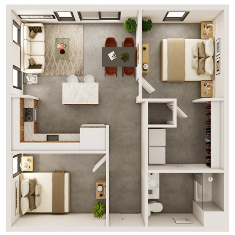 Floor plan for 1 bed, 1 bath, 843 sqft
